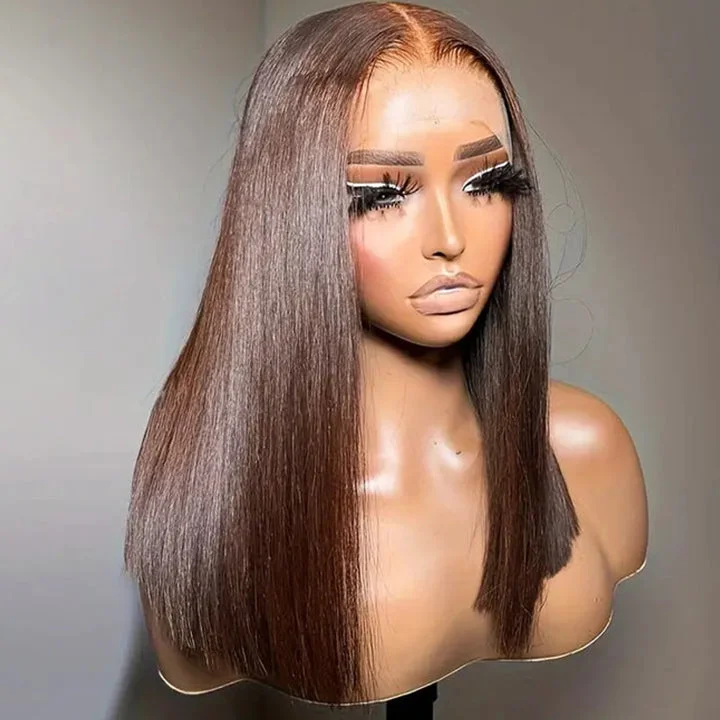 18" Chocolate Brown/Natural Black Blunt Cut Wig 7x5 Lace Wig Straight Human Hair