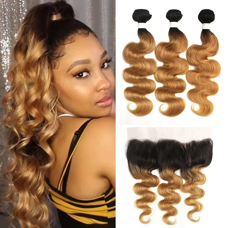 1B/27 Ombre Body Wave 3 Bundles With 13x4 Lace Frontal 100% Virgin Human Hair