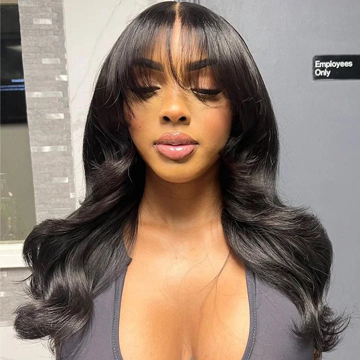 5x6 Pre Cut Lace Closure Wavy Wig With Wispy Bangs Glueless 9x6 Lace Human Hair Wig