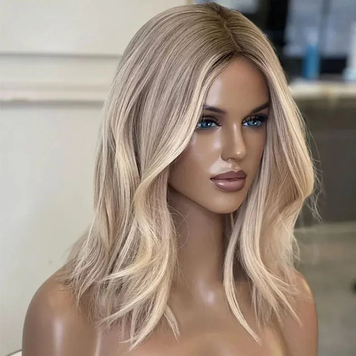 Ash Blonde Highlight Natural Wave 13x4 Bob Lace Wig Glueless Preplucked Wig for Women