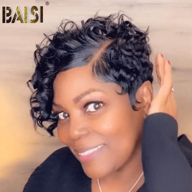 BAISI Fashion Side Part Curly Short BOB Wig