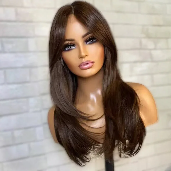 Chocolate Brown Layers Curtain Bangs Straight 9x6 Pre Cut Lace Wig