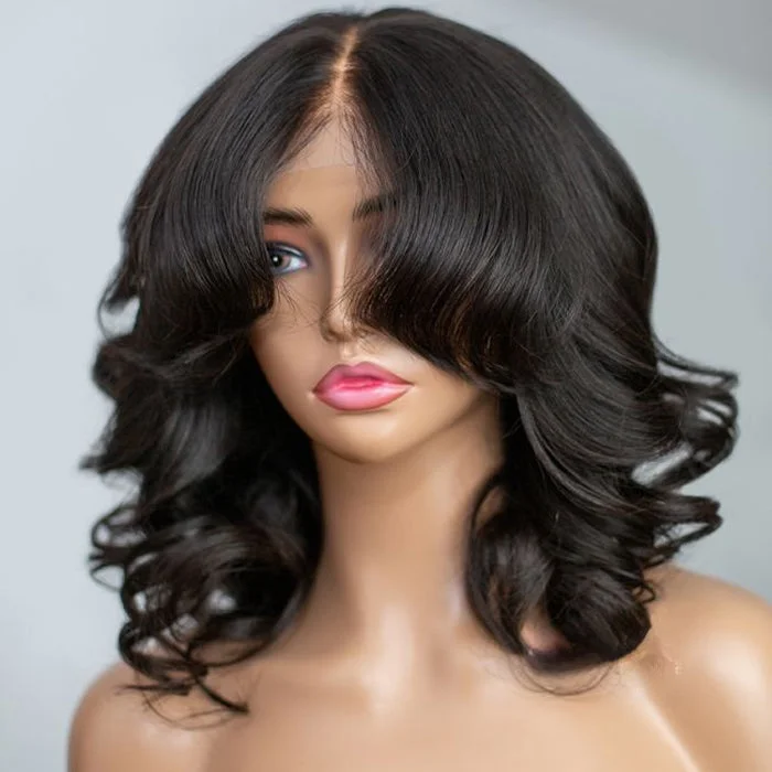 Curtain Bangs Short Body Wave Bob Wig Chic Retro 13x4/5X5 HD Lace Human Hair Wigs with Adjustable Strap