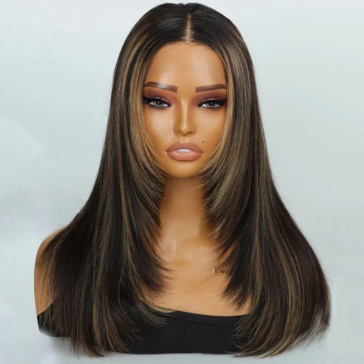 Straight Layered Wolf Cut Black Wig with Brown Highlights Glueless HD Lace