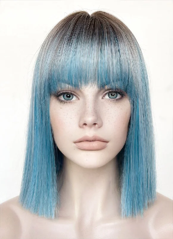 Blue With Dark Roots Straight Bob Synthetic Hair Wig NS487