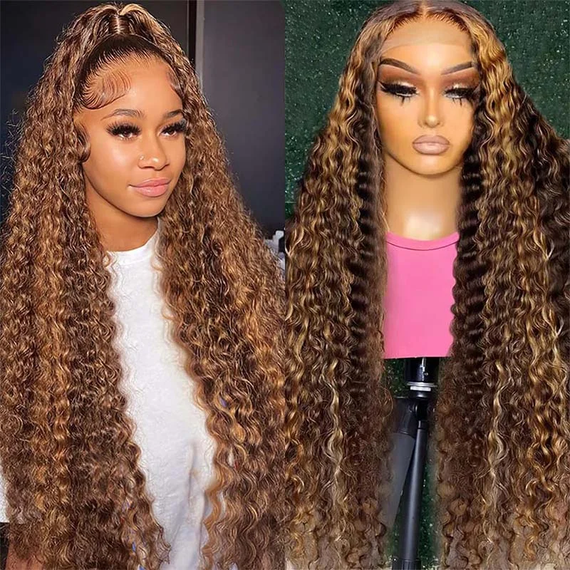 Honey Blonde Highlight Wig Deep Wave Highlight Lace Wig 4x4 Lace Closure Wig