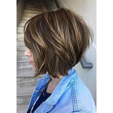 [Sale]Straight Brazilian Wig Mono Bob Blonde Highlights with Brown #P4/27