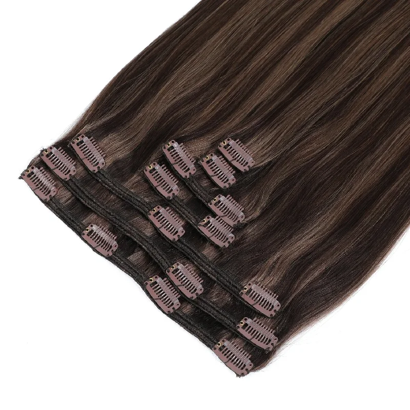 Clip In Hair Extensions #2c/8a Dark Chocolate Brown and Ash Brown Mix 17"