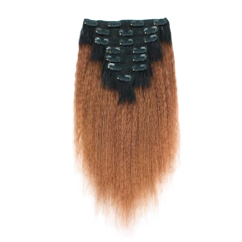 Clip in Hair Extension Kinky Straight Ombre Natural Black to Light Auburn