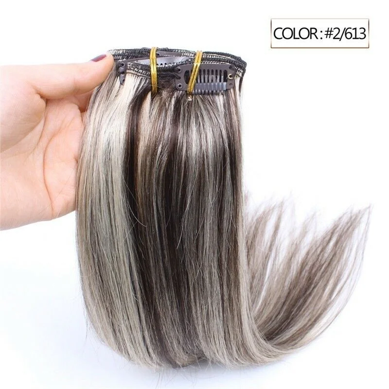 Luxury Clip In Human Hair Extensions #2/613 Balayage Ombre Remy 7pcs 100g