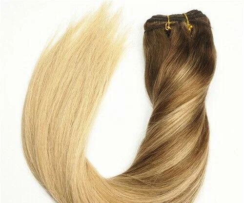 Luxury Clip In Human Hair Extensions #4/18 Balayage Ombre Straight 7pcs 120g