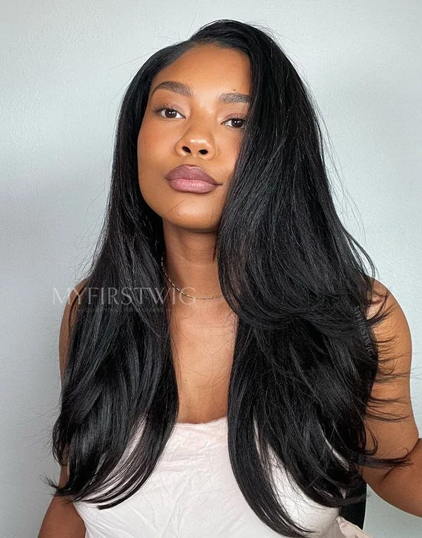 16-20 Inch Layered Yaki Straight Glueless Human Hair Lace Wig / Closure Wig - LFS021